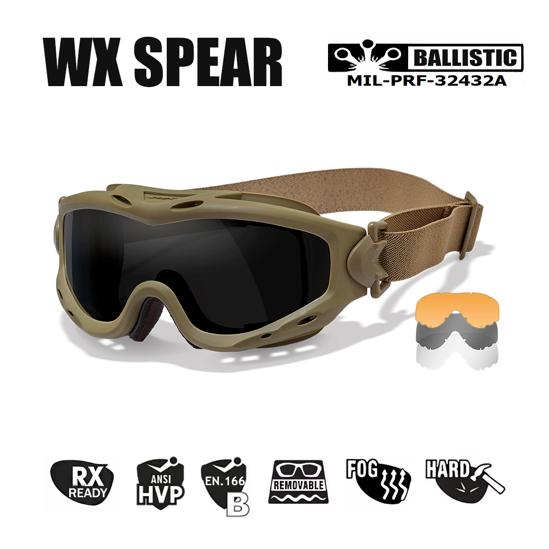 Маска защитная Wiley X WX Spear (Frame: Matte Tan, Lens: Grey + Clear + Rust) купить по оптимальной цене,  доставка по России, гарантия качества